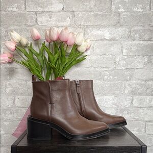 Franco Sarto Brown Leather Ankle Booties with Block Heel